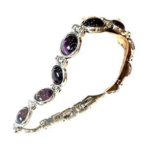 Vintage Silver Tone Bracelet With Purple Cats Eye Cabochon Stones